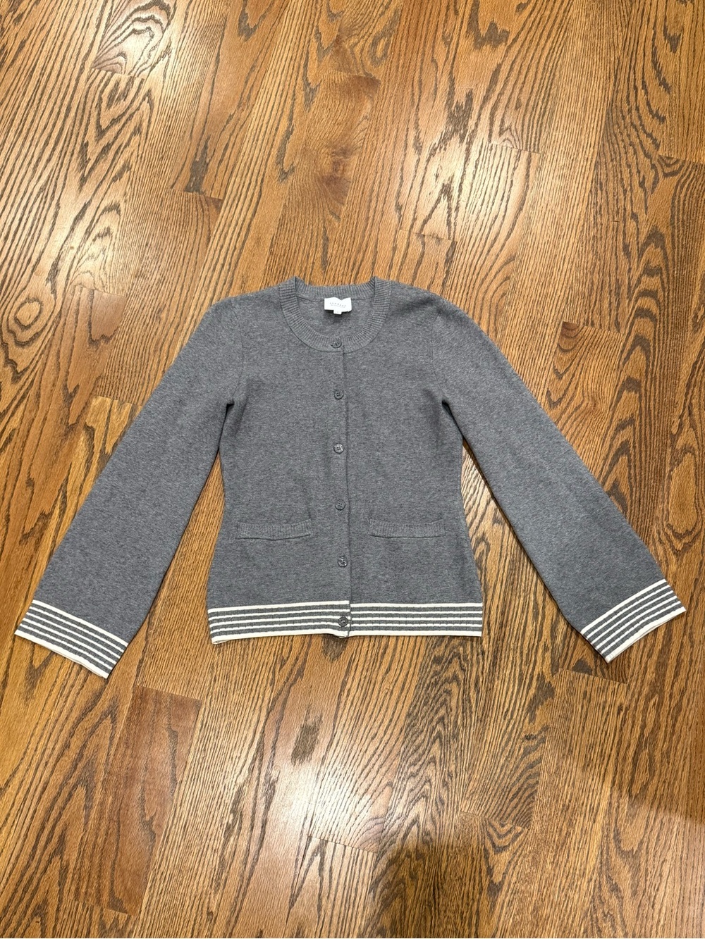Sundays Classic Gray Crewneck Cardigan Sweater with Stripe Trim